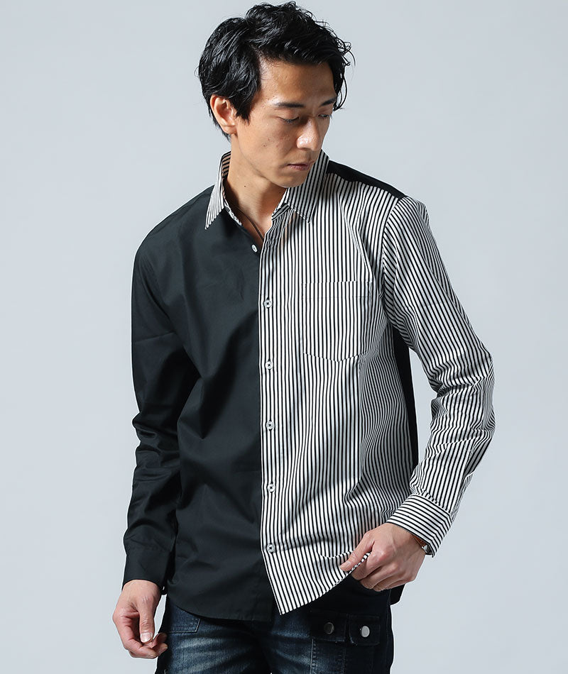 ストライプ切り替え日本製長袖シャツ