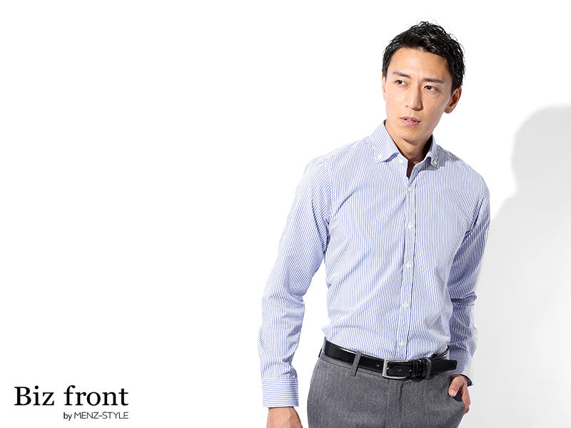 日本製形態安定ビジネスカジュアルボタンダウン長袖スリムストライプシャツ Designed by Bizfront in TOKYO