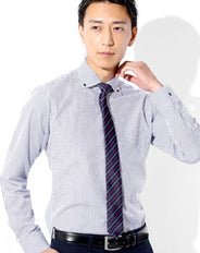 日本製形態安定ビジネスカジュアルボタンダウン長袖スリムストライプシャツ Designed by Bizfront in TOKYO