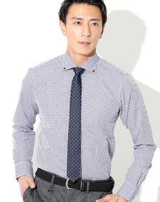 形態安定長袖ビジネスカジュアルボタンダウン長袖スリムチェックシャツ 日本製