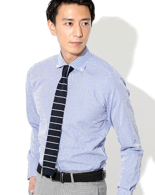 日本製 形態安定長袖ビジネスカジュアルボタンダウン長袖スリムチェックシャツ Designed by Bizfront in TOKYO