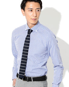 日本製 形態安定長袖ビジネスカジュアルボタンダウン長袖スリムチェックシャツ Designed by Bizfront in TOKYO