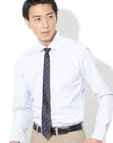 日本製 エシカルリサイクルポリエステル混ボタンダウン長袖スリムストライプシャツ Designed by Bizfront in TOKYO