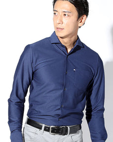 日本製 フルダルトリコット鹿の子前開き長袖スリムポロシャツ Designed by Bizfront in TOKYO