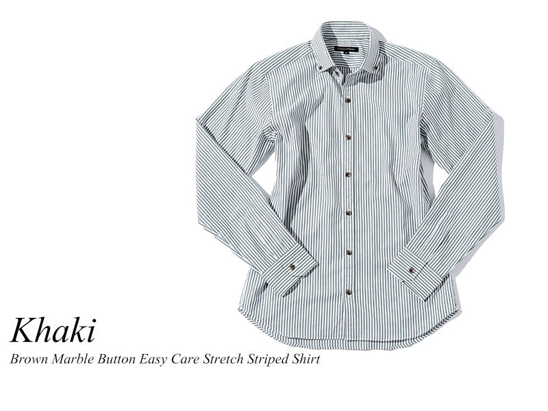 日本製 ブラウンマーブルボタンイージーケアストレッチ長袖スリムストライプシャツ Designed by Bizfront in TOKYO