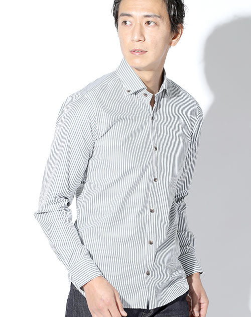 日本製 ブラウンマーブルボタンイージーケアストレッチ長袖スリムストライプシャツ Designed byfront in TOKYO