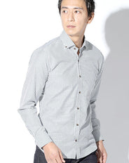 日本製 ブラウンマーブルボタンイージーケアストレッチ長袖スリムストライプシャツ Designed by Bizfront in TOKYO