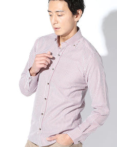 ブラウンマーブルボタンイージーケアストレッチ長袖スリムストライプシャツ 日本製