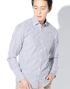 日本製 イージーケアストレッチ長袖スリムストライプシャツ