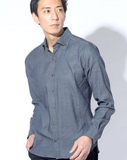 日本製 マーブルボタンステッチデザインリヨセルライトオンス長袖スリムボタンダウンデニムシャツ Designed by Bizfront in TOKYO