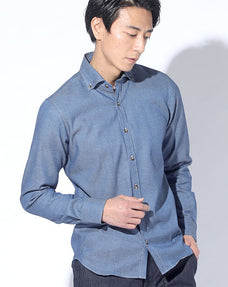 マーブルボタンステッチデザインリヨセルライトオンス長袖スリムボタンダウンデニムシャツ 日本製
