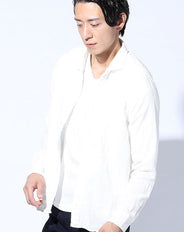 日本製 ホリゾンタルカラー白ボタンダブルガーゼ長袖スリムシャツ Designed by Bizfront in TOKYO
