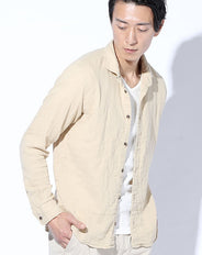 日本製 ホリゾンタルカラーマーブルボタンダブルガーゼ長袖スリムシャツ Designed by Bizfront in TOKYO