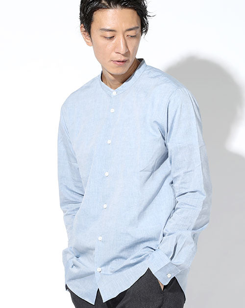 日本製 シャンブレーバンドカラー長袖ゆったりシルエットシャツ