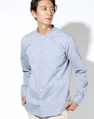 日本製 シャンブレーバンドカラー長袖ゆったりシルエットシャツ Designed by Bizfront in TOKYO