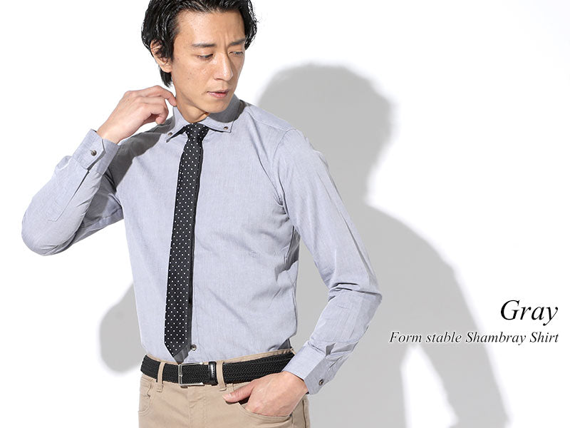 形態安定ブラウンマーブルボタンシャンブレーボタンダウンスリムビジネスカジュアルシャツ 日本製 Designed by Bizfront in TOKYO