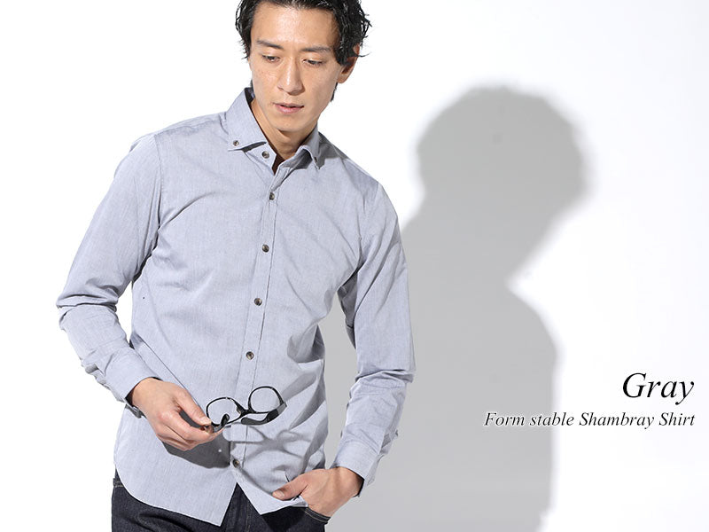 形態安定ブラウンマーブルボタンシャンブレーボタンダウンスリムビジネスカジュアルシャツ 日本製 Designed by Bizfront in TOKYO
