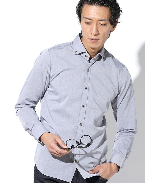 形態安定ブラウンマーブルボタンシャンブレーボタンダウンスリムビジネスカジュアルシャツ 日本製