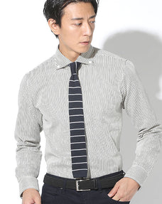 日本製 白地厚手スリムシルエットヒッコリーストライプドデニムシャツ