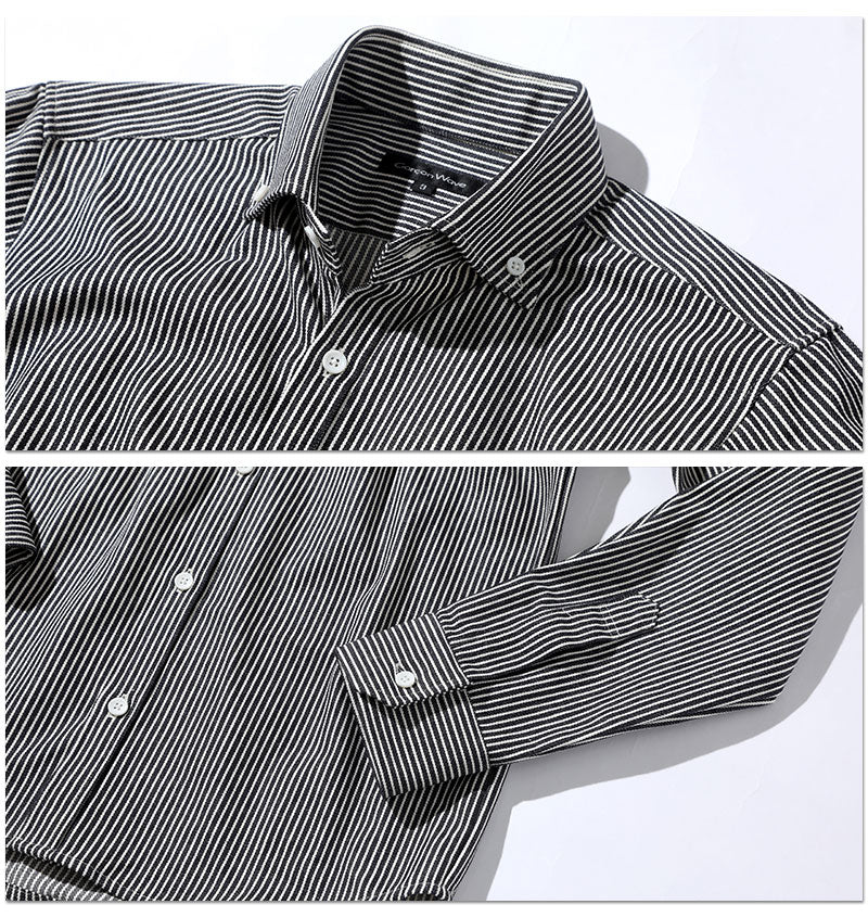 ヒッコリーストライプシャツ×黒半袖Tシャツ 60代メンズ2点トップスコーデセット biz