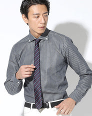 日本製 ネイビー地厚手スリムシルエットヒッコリーストライプドデニムシャツ Designed by Bizfront in TOKYO