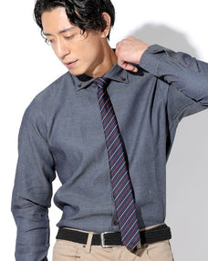 レッドステッチマーブルボタンリヨセルライトオンス長袖スリムボタンダウンデニムシャツ 日本製