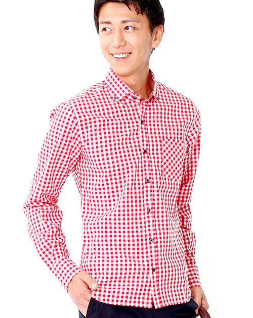日本製 カジュアルスタイル長袖スリムギンガムチェックシャツ Biz