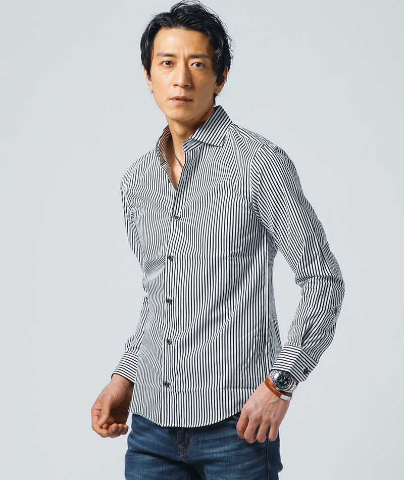 日本製  ダークトーン レア 変形ストライプシャツ 長袖 メンズ 雰囲気抜群