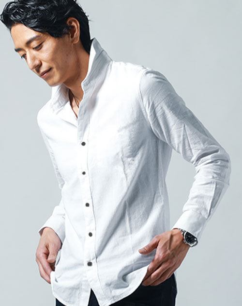【高品質な国産シャツ！襟元がこなれ感を演出】日本製ホリゾンタルカラー無地・ストライプ長袖スリムフィットシャツ