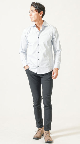 メンズにおすすめの長袖シャツとブラックパンツの肌寒い日のコーディネート