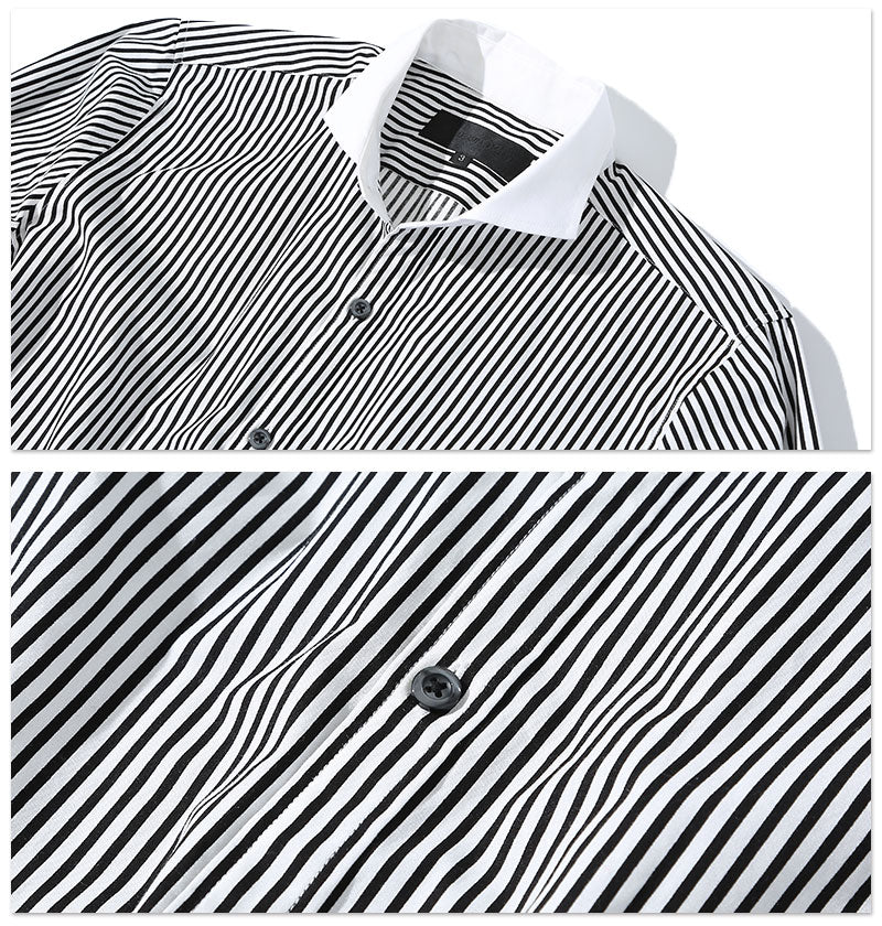 日本製 ホリゾンタルカラークレリックビジネスカジュアル長袖スリムストライプシャツ Designed by Bizfront in TOKYO