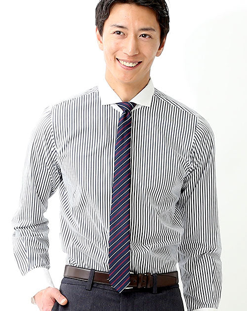 日本製 ホリゾンタルカラークレリックビジネスカジュアル長袖スリムストライプシャツ