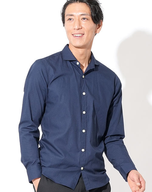 日本製 粒高ボタンホリゾンタルカラー長袖スリムビジネスカジュアルブロードシャツ