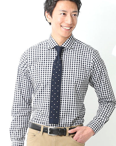 日本製 ギンガムチェックボタンダウンビジネスカジュアル長袖スリムシャツ Designed by Bizfront in TOKYO