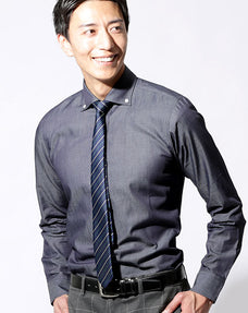 日本製ファインクオリティボタンダウンデニムシャツ ストレッチスリム長袖  Designed by Bizfront in TOKYO