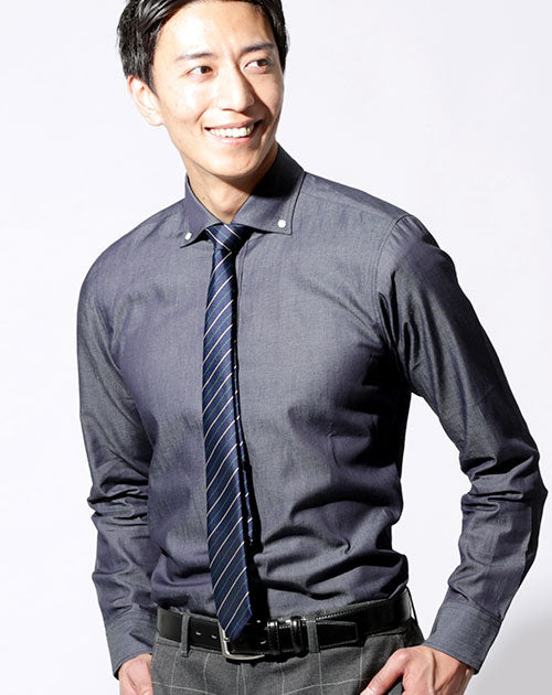 日本製ファインクオリティボタンダウンデニムシャツ ストレッチスリム長袖 Designed by Bizfront in TOKYO