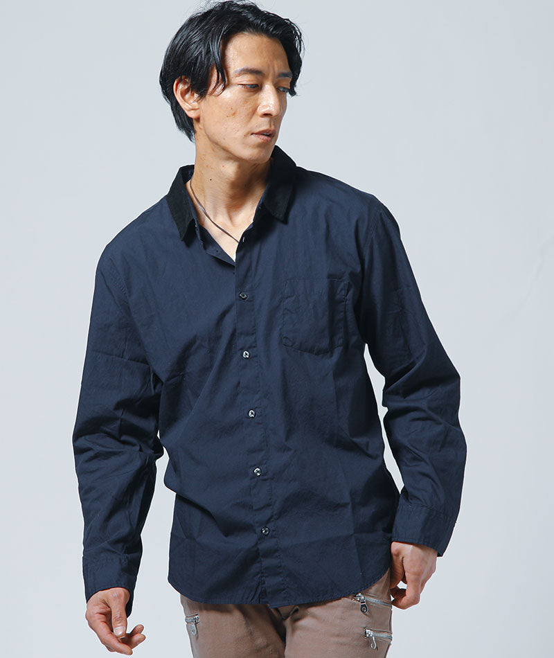 襟コーデュロイ切り替え日本製長袖ブロードシャツ