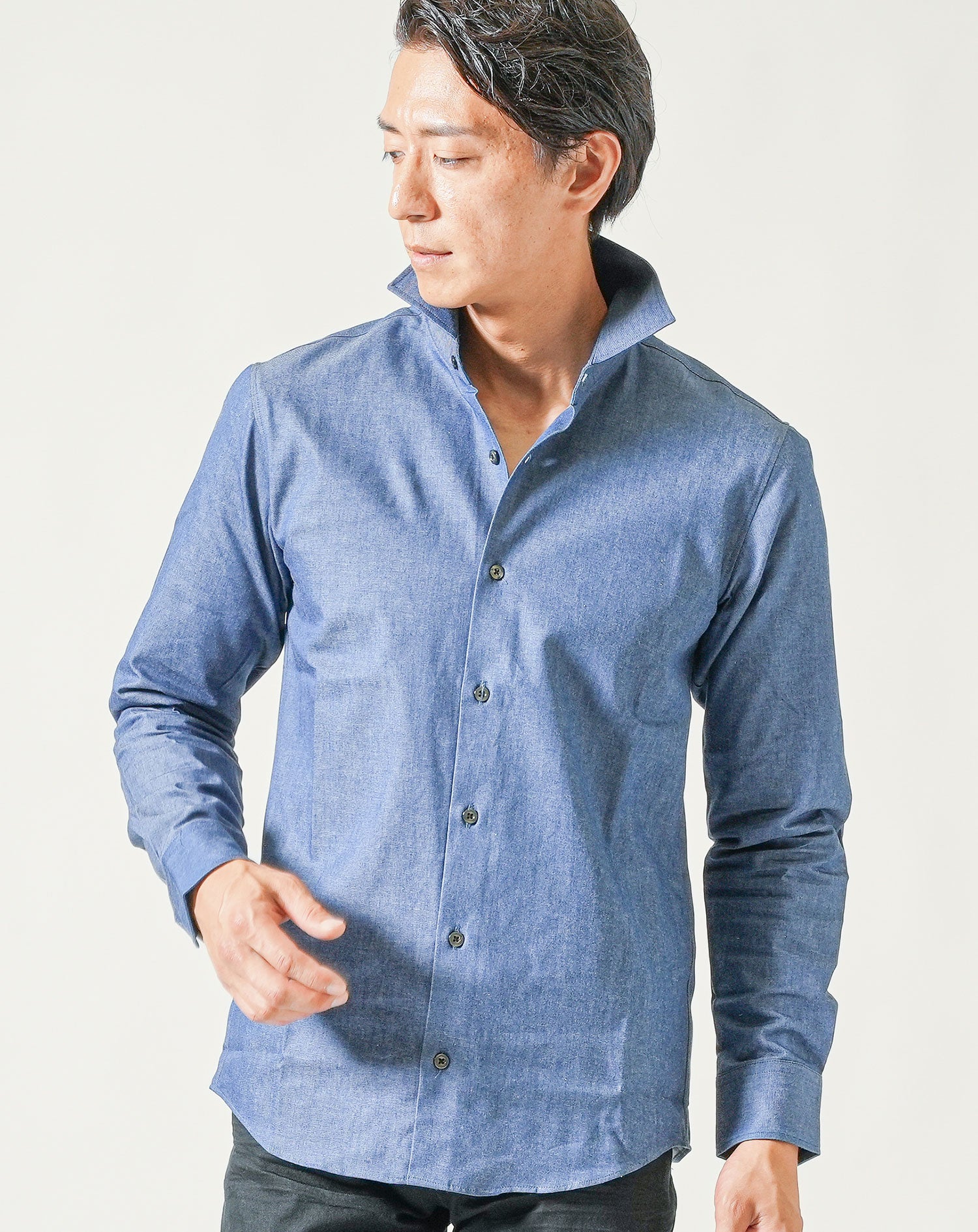 日本製 デニムシャツ 長袖 ホリゾンタルカラー ｜ メンズファッション通販 MENZ-STYLE(メンズスタイル）