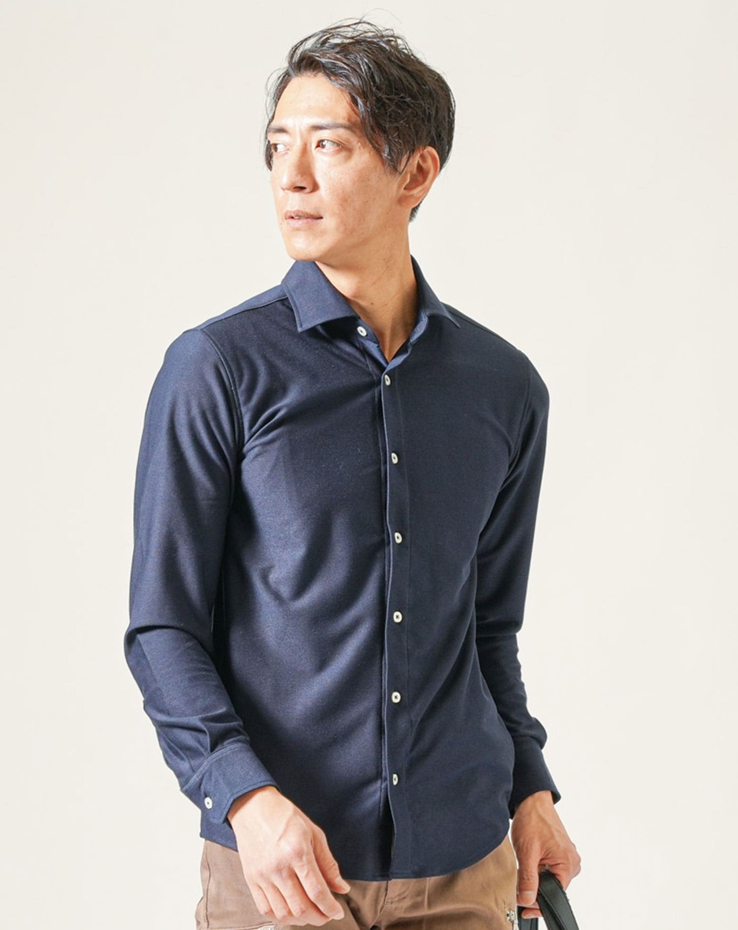 日本製ニットライクホリゾンタルカラー長袖シャツ