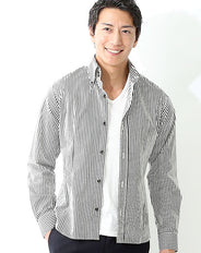 日本製 ボタンダウンドゥエボットーニストライプカジュアル長袖スリムシャツ Biz