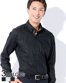 形態安定・立体裁断ドビーシャドウチェック前立てデザインボタンダウンビジネスカジュアル長袖スリムシャツ