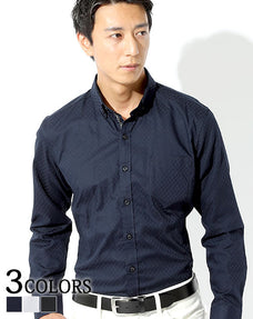 形態安定・立体裁断ドビーシャドウチェック前立てデザインボタンダウンビジネスカジュアル長袖スリムシャツ Biz　