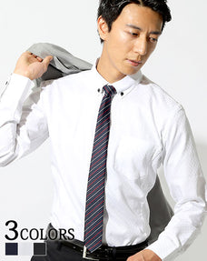 形態安定・立体裁断ドビーシャドウチェック前立てデザインボタンダウンビジネスカジュアル長袖スリムシャツ Biz　