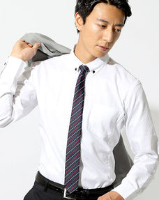 形態安定・立体裁断ドビーシャドウチェック前立てデザインボタンダウンビジネスカジュアル長袖スリムシャツ