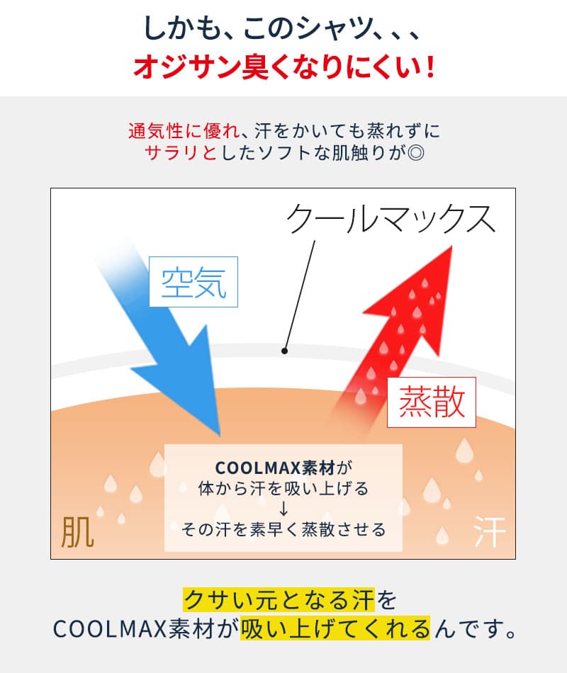 クールマックス素材前開きドライ加工前立てデザインボタンダウン7分袖シャツ