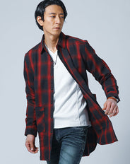 オンブレチェックウエスタン長袖セミロングシャツ