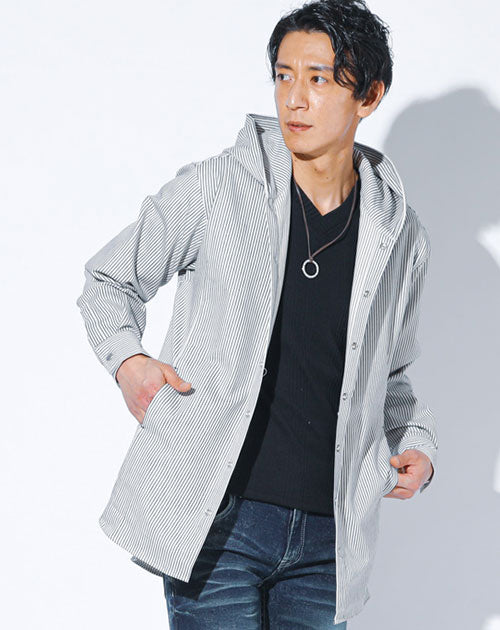 ヒッコリーストライプフード付きワイヤー入りセミロング丈ボタンシャツパーカージャケット