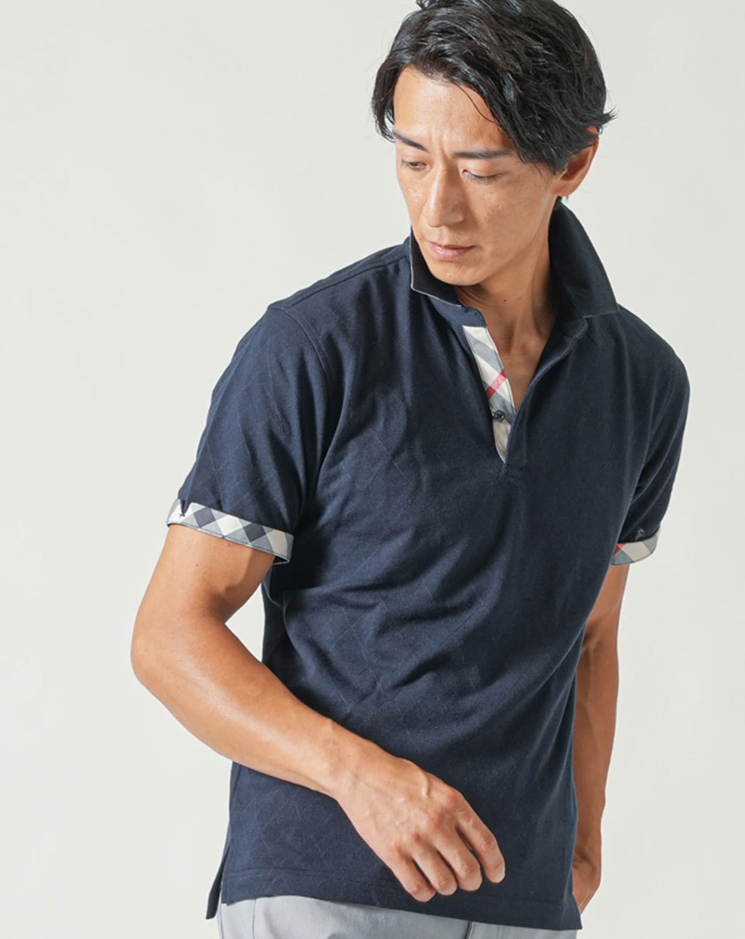 涼しいクールマックス素材ドライ加工チェック柄スキッパー半袖ポロシャツ
