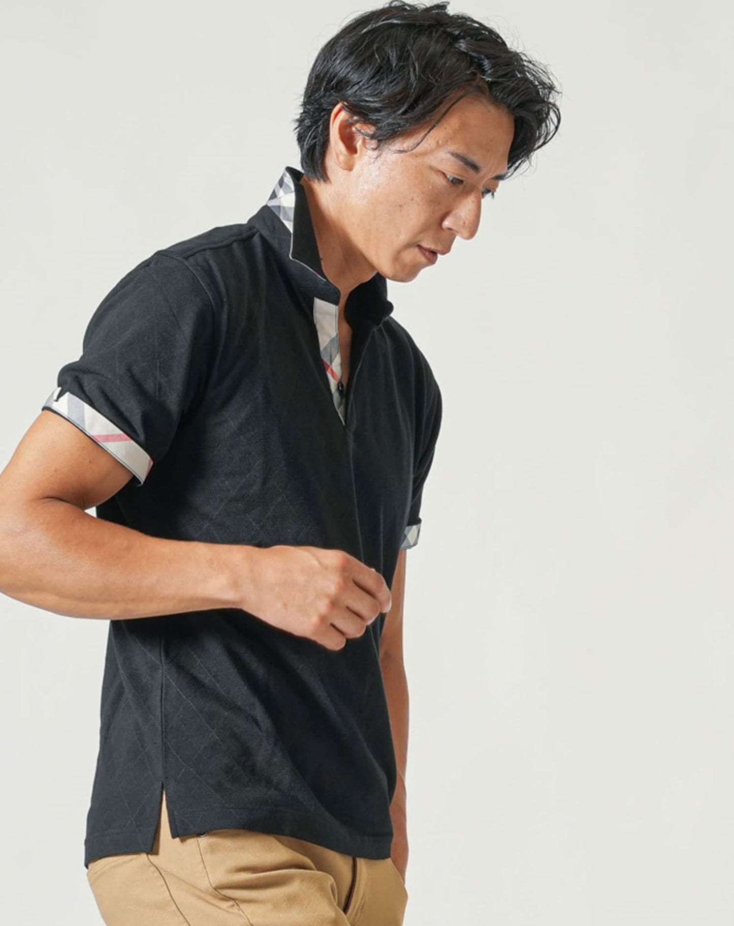 涼しいクールマックス素材ドライ加工チェック柄スキッパー半袖ポロシャツ