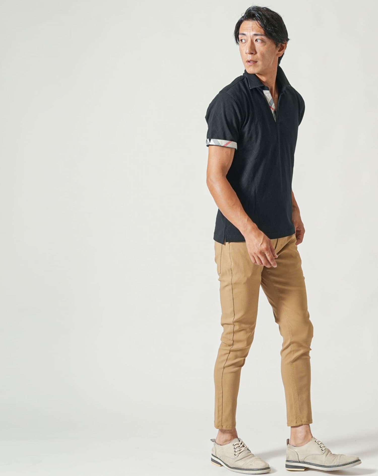 涼しいクールマックス素材ドライ加工チェック柄スキッパー半袖ポロシャツ